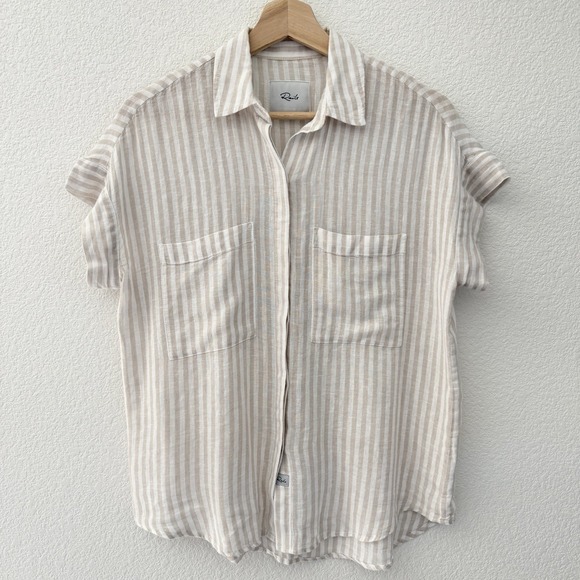 Rails Tops - Rails Womens 100% Linen Cito Top XS Beige Stripe Buttons Lagenlook Boxy Beachy
